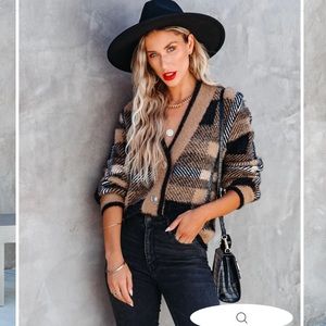 Vici Plaid Cardigan in Black and Tan